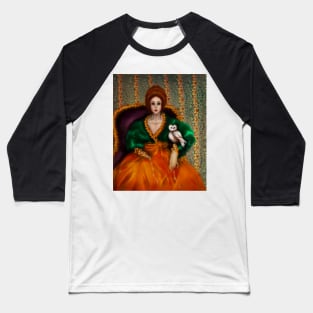 Red Hair Edwardian Princess William Morris Wall Paper Historical Fashion Owl on jeweled leash Baseball T-Shirt